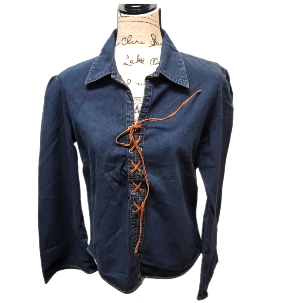 VINTAGE BILL BLASS CHAMBRAY DENIM TOP FLARE SLEEVES LEATHER LACE UP FRONT SZ M